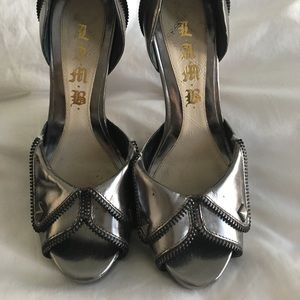 L.A.M.B. Silver Zipper Open Toe Heels